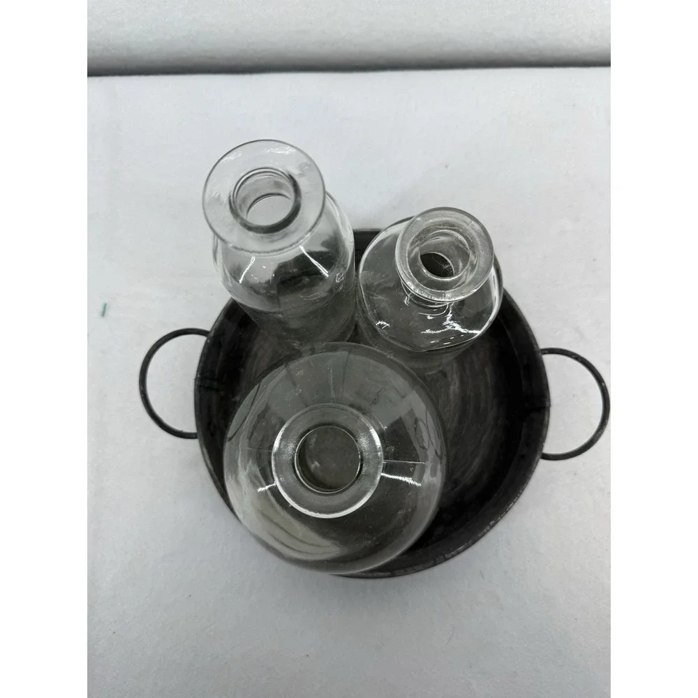 Set Of 3 Clear Glass Bud Vases In‎ Distressed Galvanized Tray